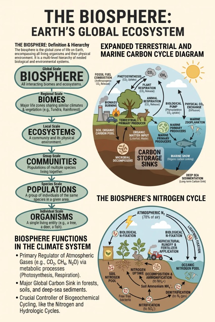 Infographic titled The Biosphere: Earth’s Global Ecosystem, showing ecological hierarchy plus carbon and nitrogen cycles