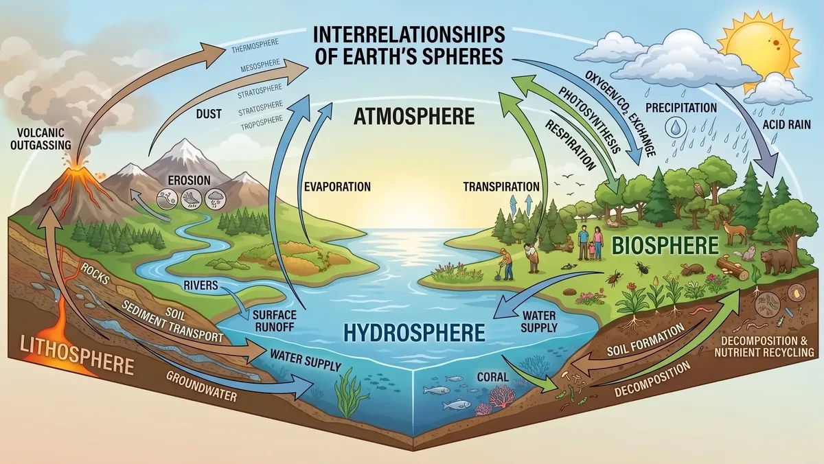 Interrelationships of Earth's spheres: atmosphere, hydrosphere, biosphere, and lithosphere