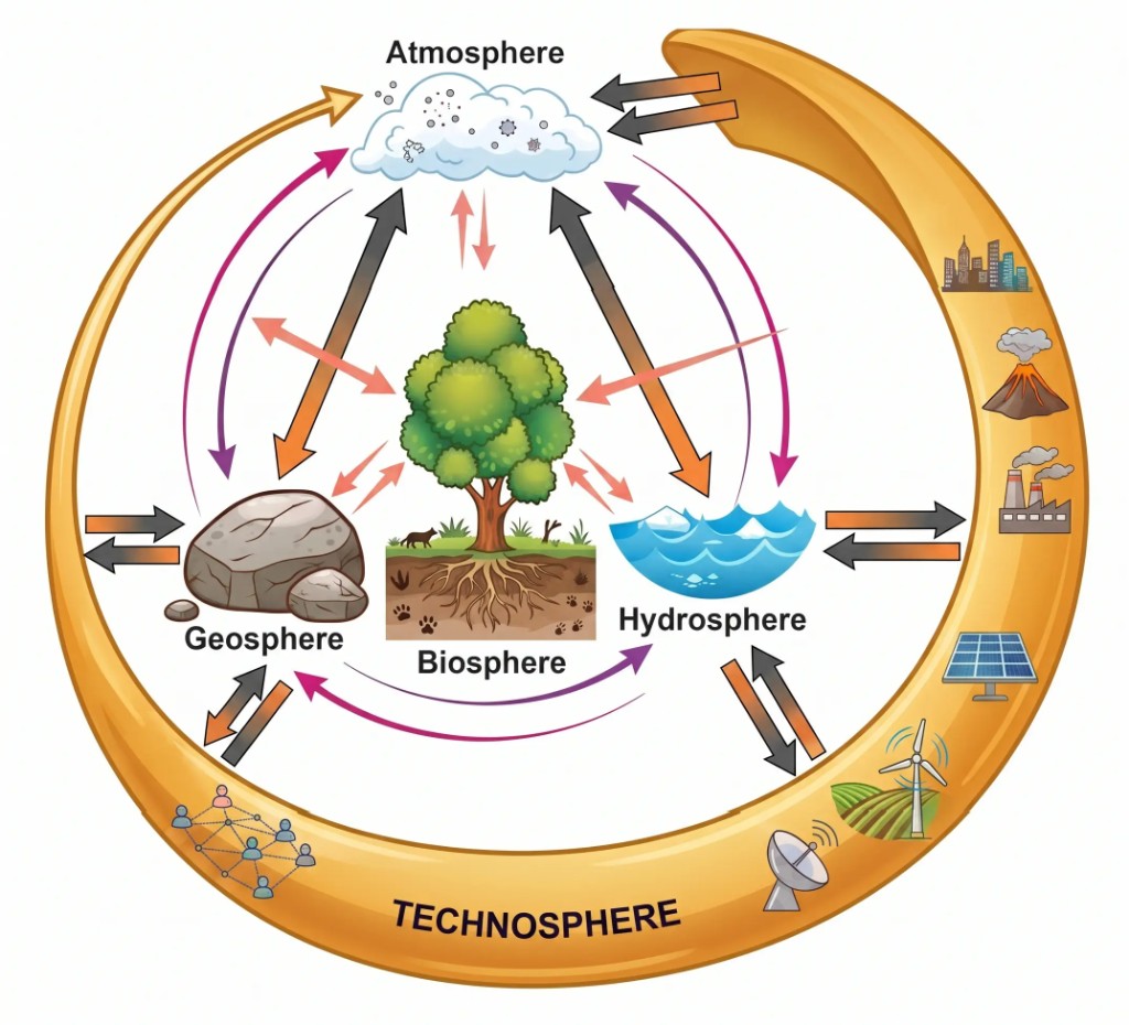 The technosphere interacting with Earth's spheres